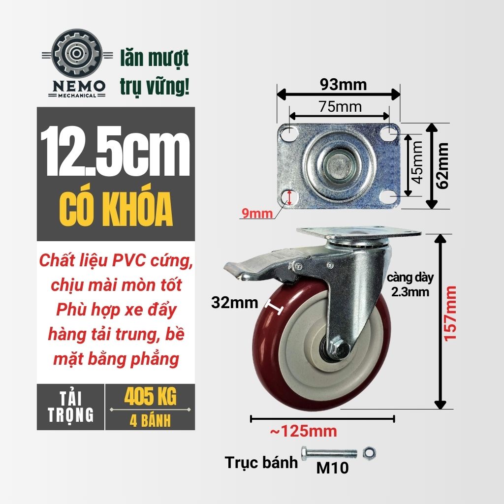 Bánh Xe Đẩy PVC Đỏ Mận – Càng Thép Dày 2.3mm (D75, D100, D125)